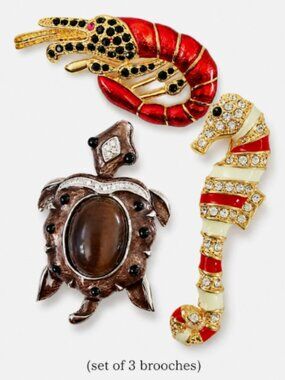 （Set of 3) New Sea Turtle Lobster Seahorse Animals Life Brooch Pendant Charm Pin